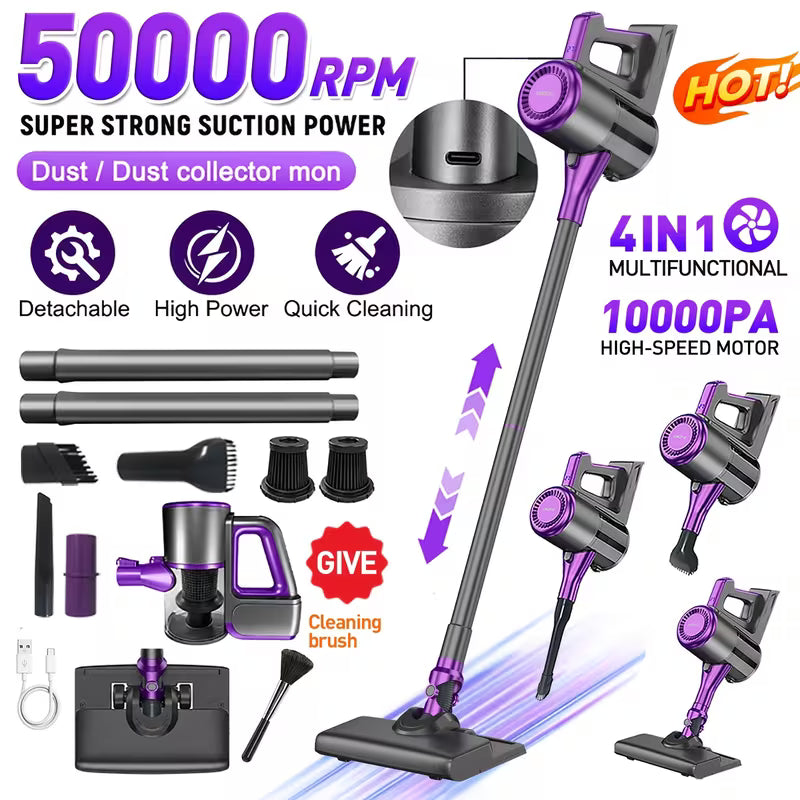 Upgraded 4-in-1 High-power Handheld Vacuum. 10000PA Suction, 50000RPM Motor, Touch Screen & Hurricane Mode, Large Dust Cup +5 Cleaning Attachments. Lightweight, Low Noise, USB Fast Charge, Fits Home, Carpet, Pet Hair, Car & Sofa, Ideal Holiday Gifts.